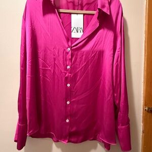 Zara Women's Fuchsia Satin Button-Down Shirt